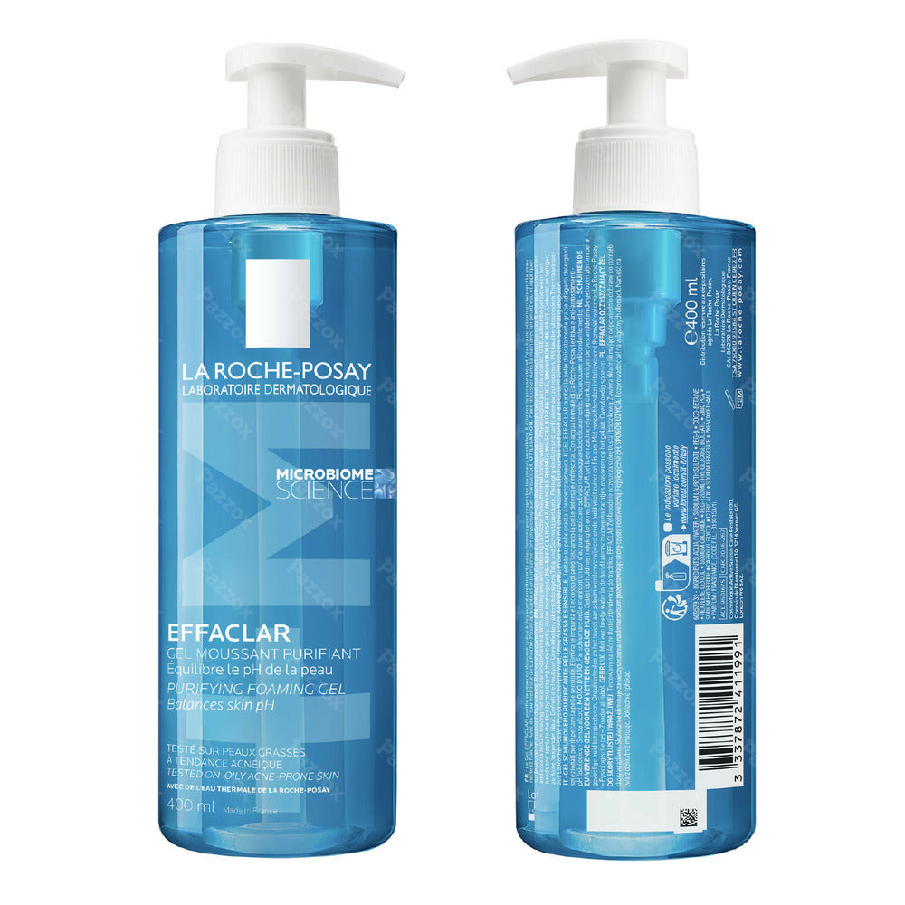Two blue bottles of La Roche-Posay Effaclar on a white background