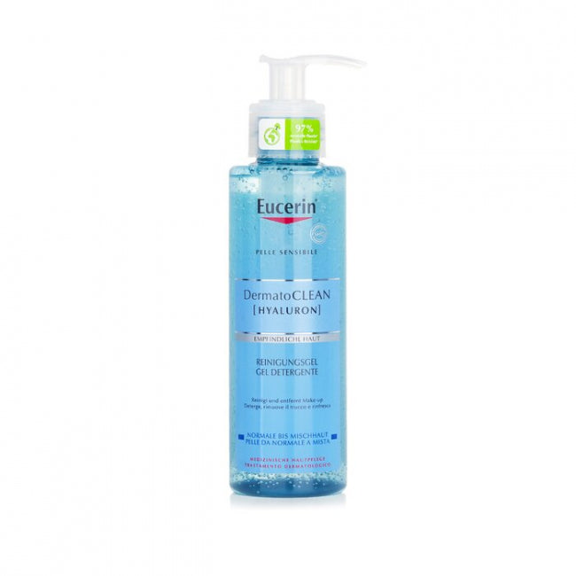 Eucerin DermatoClean Hyaluron gel cleanser bottle on a white background