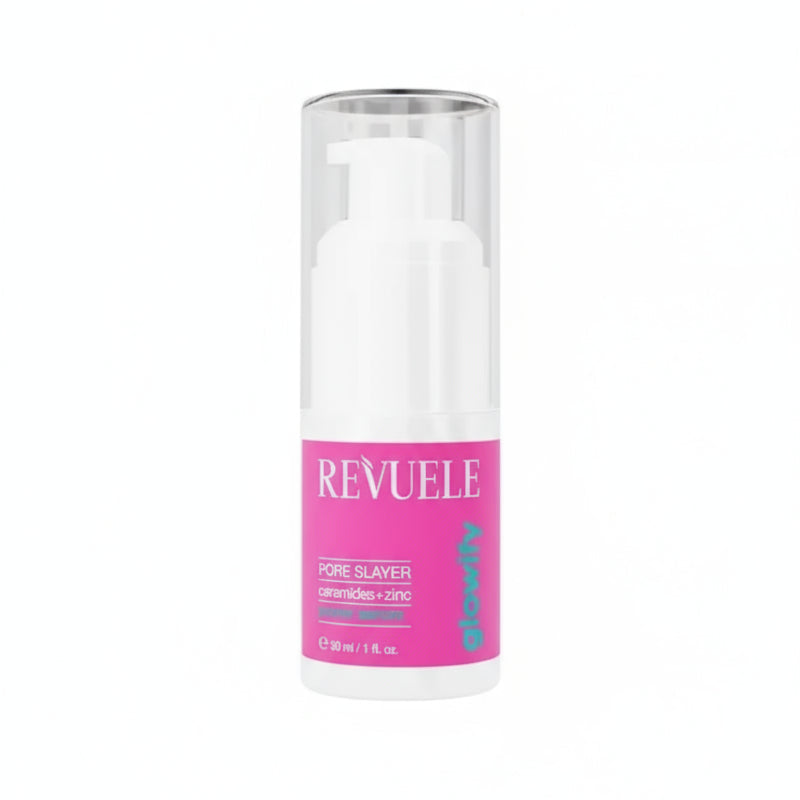 Revuele Pore Slayer serum packaging with pink box and clear bottle.