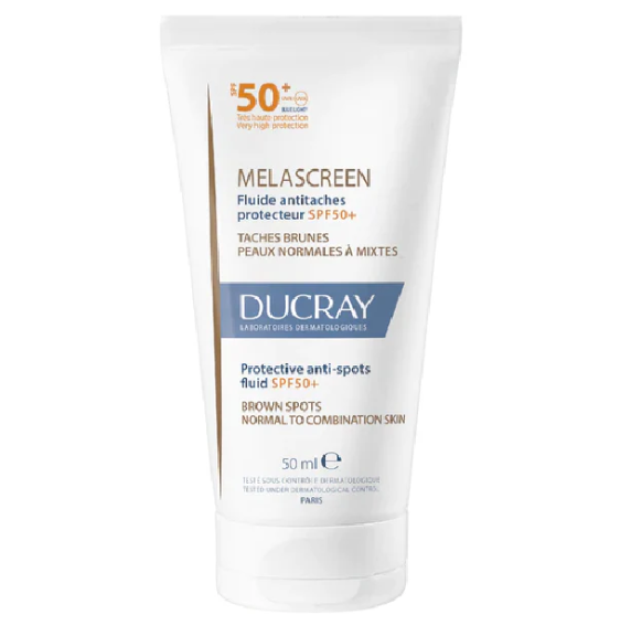 Ducray Melascreen sunscreen cream tube on a white background