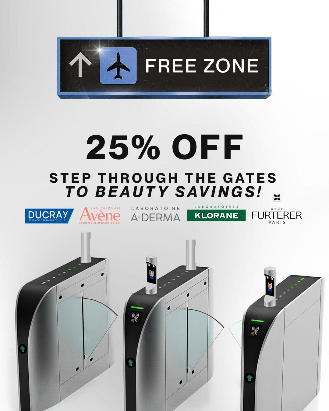 Advertisement for a free zone with security gates and cosmetic brand logos.