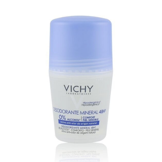 Vichy deodorant roll-on with blue cap on a white background