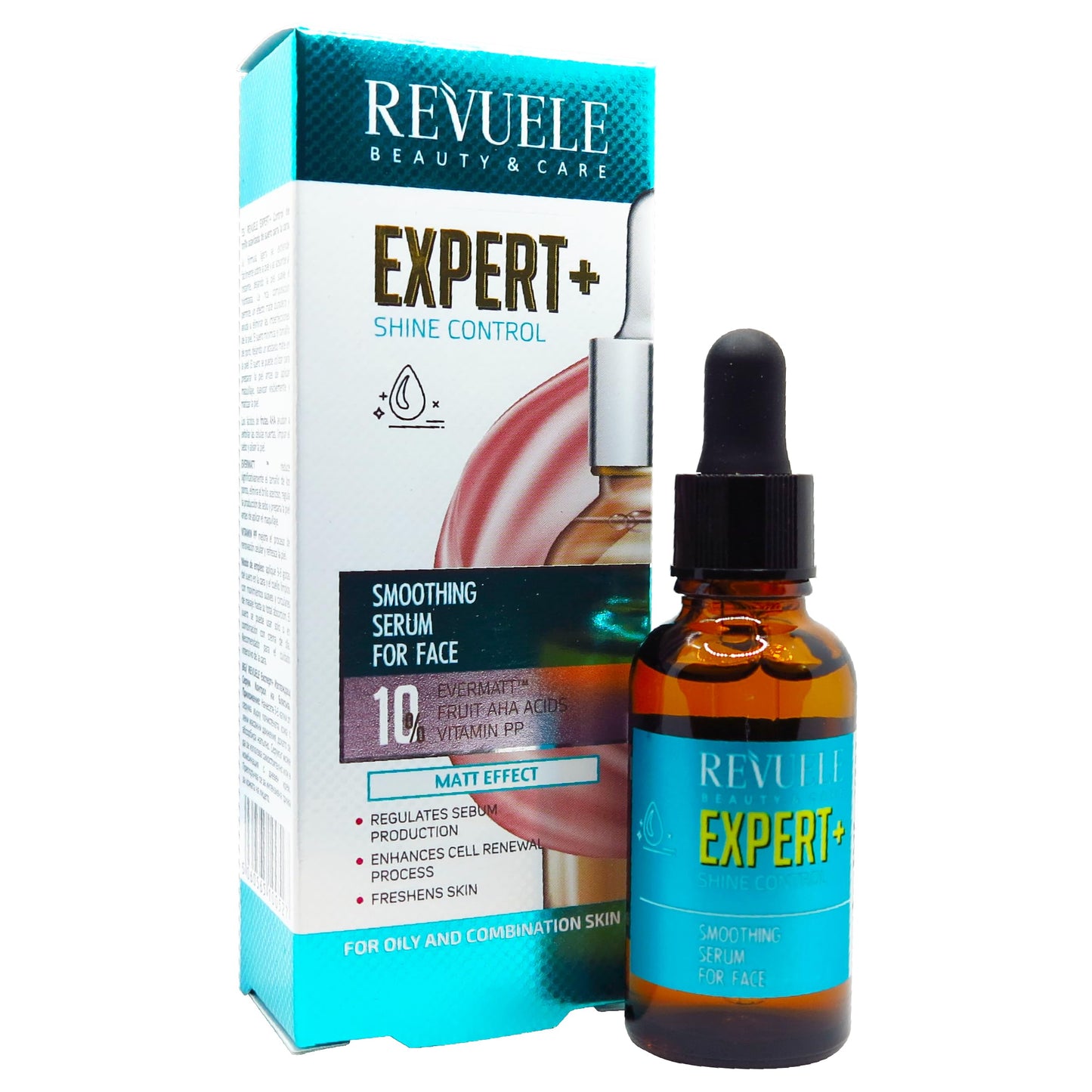 Revuele Expert+ serum packaging and bottle on a white background