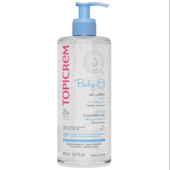 Bottle of Topicrem Baby cleansing gel on a white background
