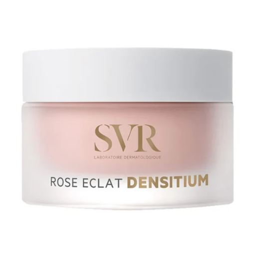 Cosmetic jar labeled 'SVR Rose Eclat Densitium' on a white background