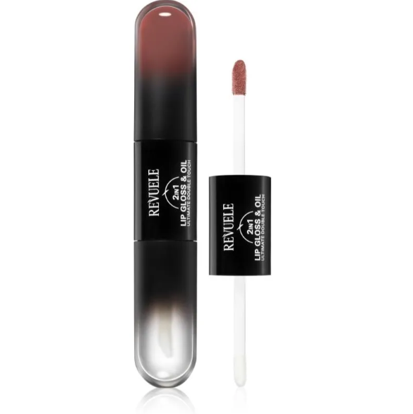 Revuele lip gloss and oil with applicator on a white background