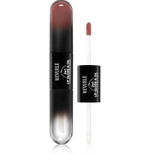Revuele lip gloss and oil with applicator on a white background
