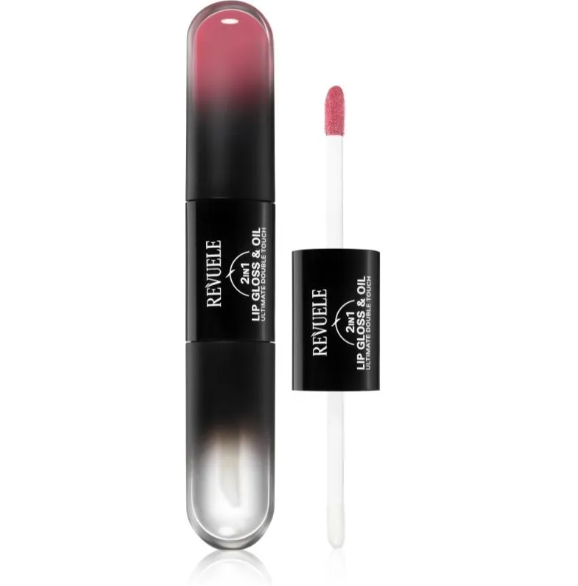 Revuele lip gloss and oil with applicator on a white background