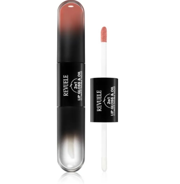 Revuele lip gloss and oil with applicator on a white background