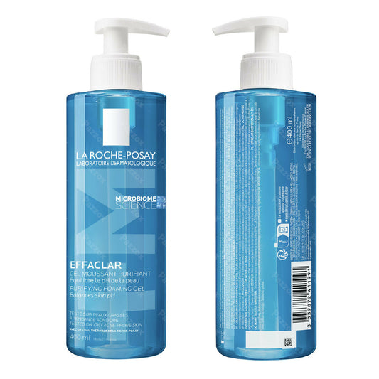 Two blue bottles of La Roche-Posay Effaclar on a white background