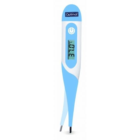 Digital thermometer with blue and white design on a white background