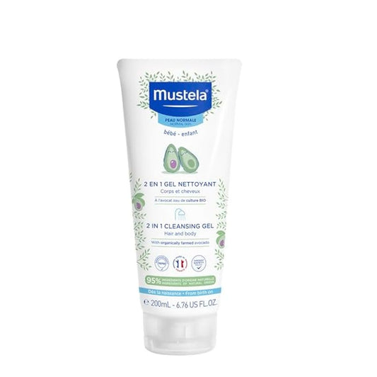 Mustela 2-in-1 cleansing gel tube on a white background