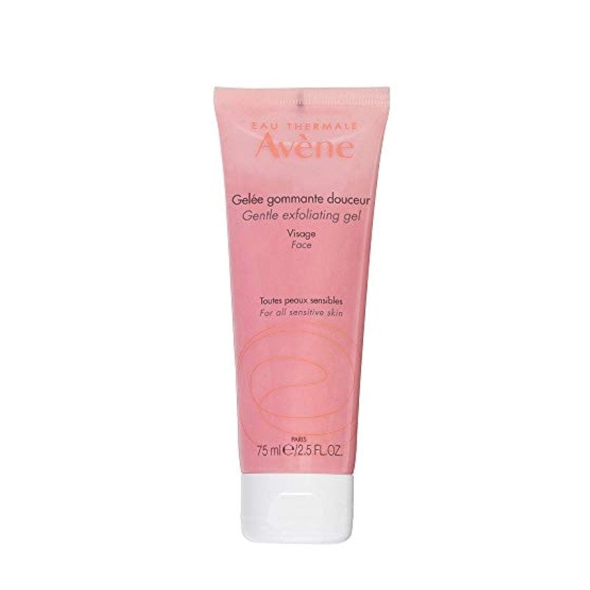 Pink tube of Avene Gentle Exfoliating Gel on a white background