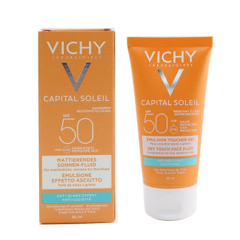 Vichy Capital Soleil sunscreen packaging and tube on a white background