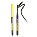 Two eyeliner pencils, one yellow and one black, with a swatch of black liner on a white background. maybelline 