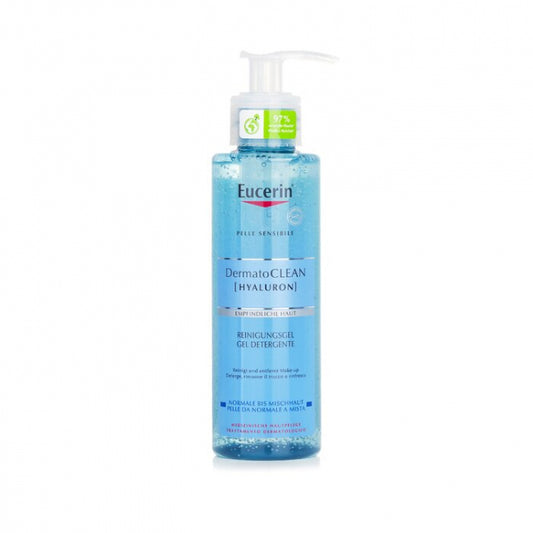 Eucerin DermatoClean Hyaluron gel cleanser bottle on a white background