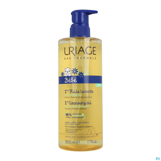 Bottle of Uriage Bébé cleansing oil on a white background