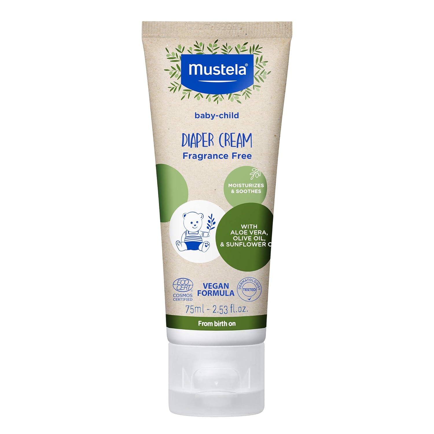 Mustela diaper cream tube on a white background