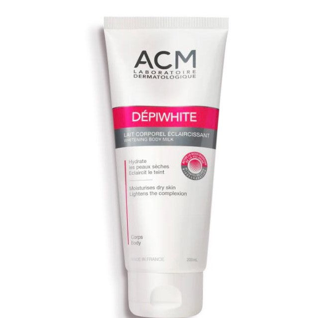 Tube of ACM Depiwhite body milk on a white background