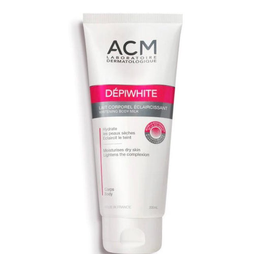 Tube of ACM Depiwhite body milk on a white background