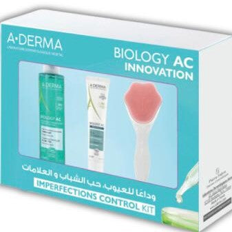 A-derma Biology AC Innovation skincare kit packaging with products displayed.