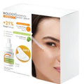 Biology Energy skincare serum packaging with a woman's face on a white background