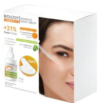 Biology Energy skincare serum packaging with a woman's face on a white background