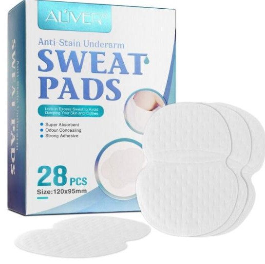 Box of Aliver Anti-Stain Underarm Sweat Pads with individual pads displayed.