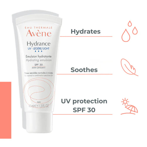 Avène Hydrance UV Light SPF 30 Emulsion And Avène Cleansing Foam Buy 1 Get 1 Pouch Bundle