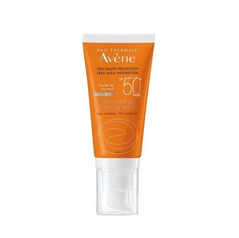 Avene sun cream tube with SPF 50+ on a white background