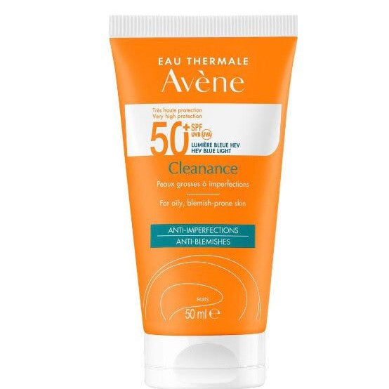 Avene sun cream tube with SPF 50+ on a white background