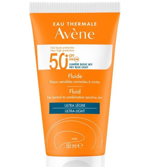 Avene sunscreen fluid tube on a white background