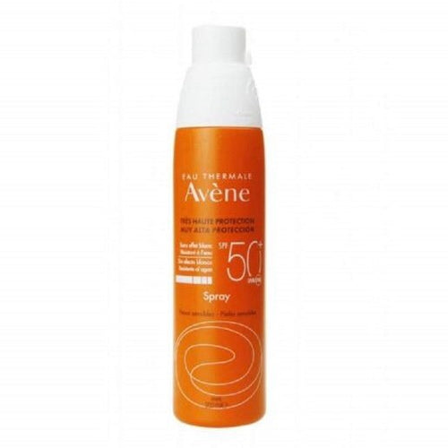 Avene sunscreen spray bottle on a white background