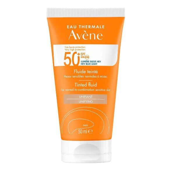 Avene sun cream tube with SPF 50+ on a white background
