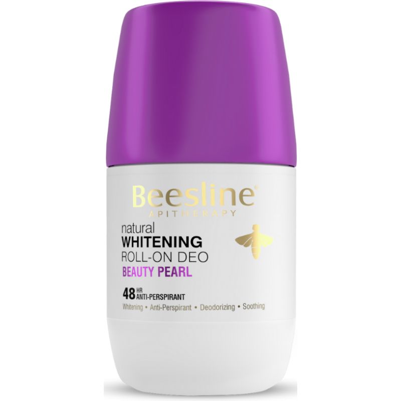Beesline Whitening Roll-On Deo with purple cap on a white background