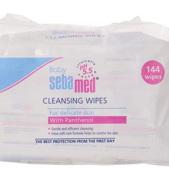 Sebamed baby cleansing wipes packaging with 144 wipes on a white background