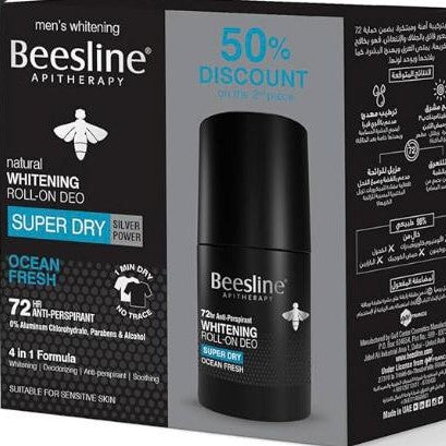 Beesline Whitening Roll-on Deo packaging with discount offer on a gray background