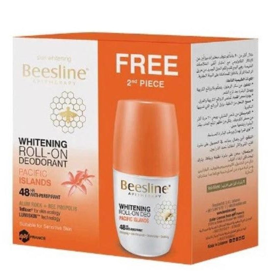 Beesline Whitening Roll-On Deodorant packaging with promotional text on a white background