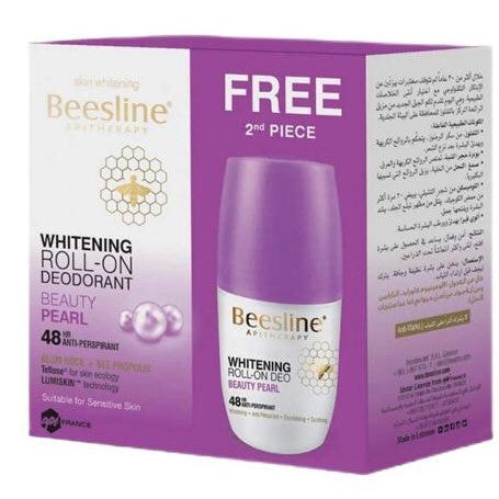 Beesline Whitening Roll-On Deodorant packaging with a free offer on a purple background