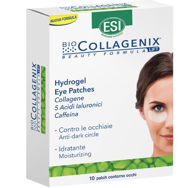 Box of ESI Bio Collagenix Hydrogel Eye Patches with a woman's face on the packaging.