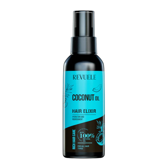 Revuele Coconut Oil Hair Elixir bottle on a white background