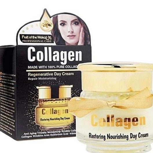 Collagen day cream with packaging featuring a woman's face and product details.