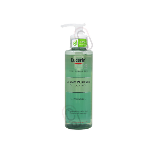 Eucerin Dermo Purifyer oil control cleansing gel bottle on a white background