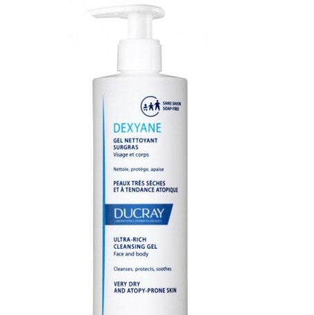 Ducray Dexyane ultra-rich cleansing gel bottle on a white background