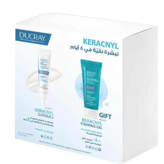 Ducray Keracnyl skincare product packaging with two bottles on a white background