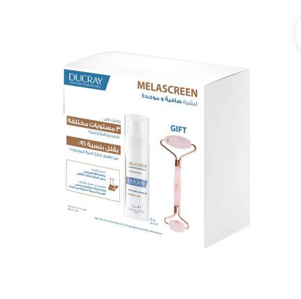 Ducray Melascreen gift set with skincare product and roller on a white background