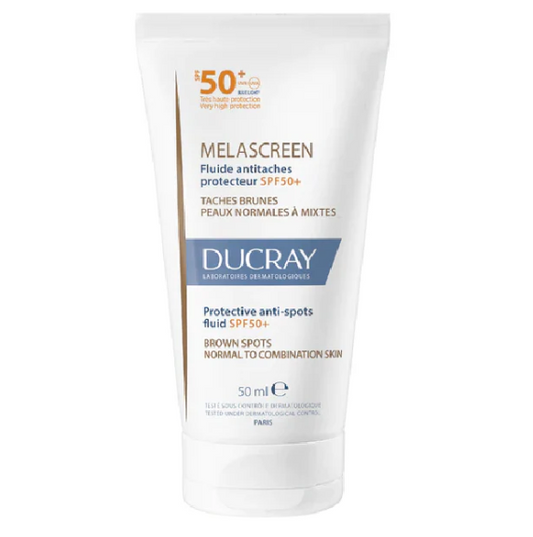 Ducray Melascreen sunscreen cream tube on a white background
