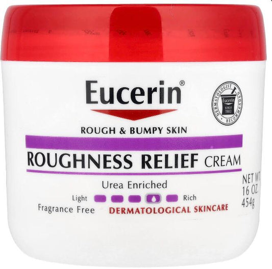 Eucerin Roughness Relief Cream jar with red lid on a white background