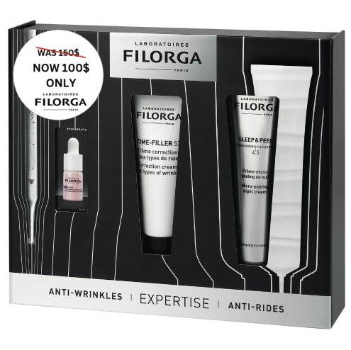 Filorga skincare product set with bottles and packaging on a white background