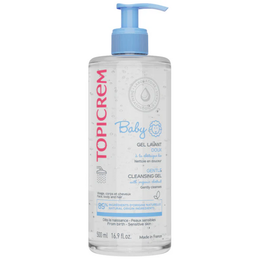 TOPICREM Baby cleansing gel bottle with pump on a white background